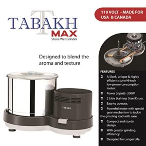 Tabakh Max 2-Liter Stone Wet Grinder with Atta Kneader & Coconut Scraper, 110V, Gray