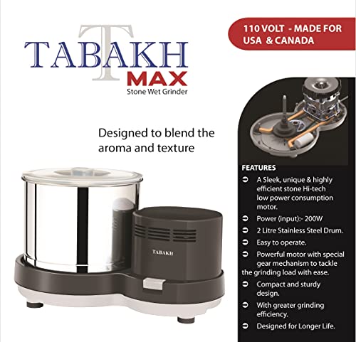 Tabakh Max 2-Liter Stone Wet Grinder with Atta Kneader & Coconut Scraper, 110V, Gray