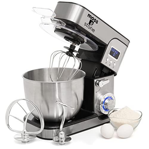 Moss & Stone Stand Mixer With LCD Display, 6 Speed Electric Mixer With 5.5 Quart Stainless Steel Mixing Bowl, Black Body Kitchen Mixer With Dough Hook, Egg Whisk, Beater & Baking Spatula, Classic Food Mixer