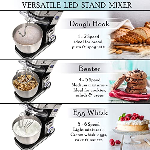 Moss & Stone Stand Mixer With LCD Display, 6 Speed Electric Mixer With 5.5 Quart Stainless Steel Mixing Bowl, Black Body Kitchen Mixer With Dough Hook, Egg Whisk, Beater & Baking Spatula, Classic Food Mixer