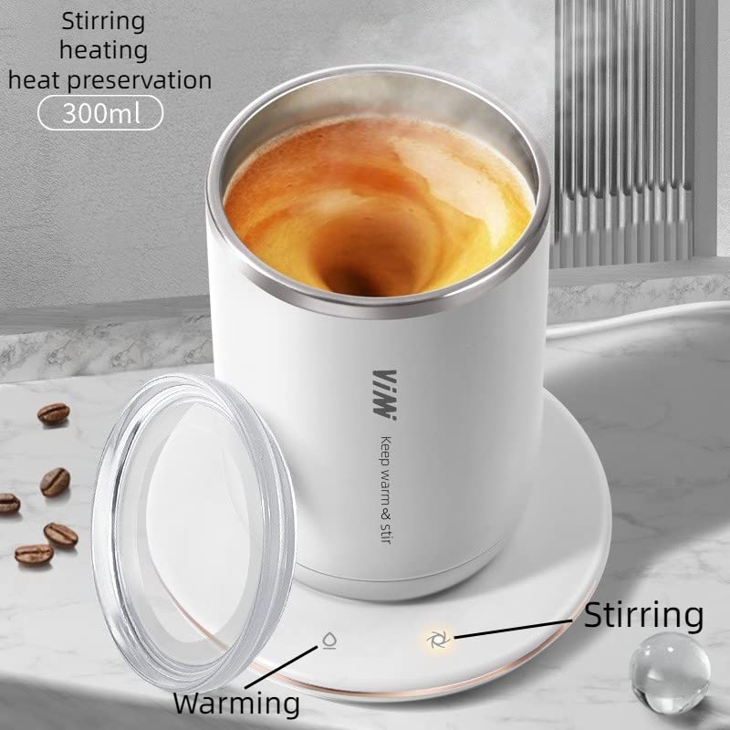 Temperature Control Smart Self Stirring Coffee Mug with Lid,auto Stirring Warmer Coffee Tea Milk Cocoa Mug for Desk Home Office,auto Controlled Heating Cup,GraateHearrt White 11 oz Electric Mixer Mug