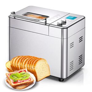 15-in-1 bread maker with fruit and nut dispenser, 2.2lb fully stainless steel bread machine, nonstick ceramic pan, 3 loaf sizes & 3 crust colors, recipes, silver