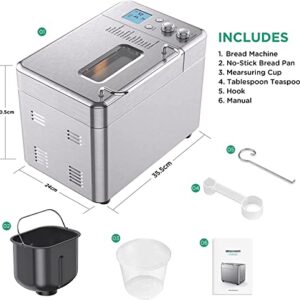 15-in-1 Bread Maker with Fruit and Nut Dispenser, 2.2LB Fully Stainless Steel Bread Machine, Nonstick Ceramic Pan, 3 Loaf Sizes & 3 Crust Colors, Recipes, Silver