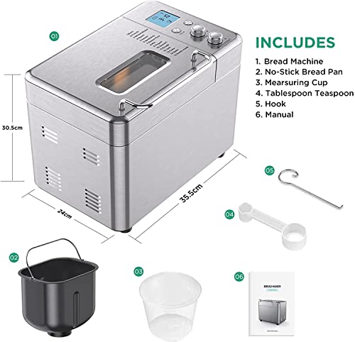 15-in-1 Bread Maker with Fruit and Nut Dispenser, 2.2LB Fully Stainless Steel Bread Machine, Nonstick Ceramic Pan, 3 Loaf Sizes & 3 Crust Colors, Recipes, Silver