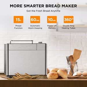 15-in-1 Bread Maker with Fruit and Nut Dispenser, 2.2LB Fully Stainless Steel Bread Machine, Nonstick Ceramic Pan, 3 Loaf Sizes & 3 Crust Colors, Recipes, Silver