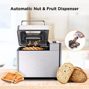 15-in-1 Bread Maker with Fruit and Nut Dispenser, 2.2LB Fully Stainless Steel Bread Machine, Nonstick Ceramic Pan, 3 Loaf Sizes & 3 Crust Colors, Recipes, Silver