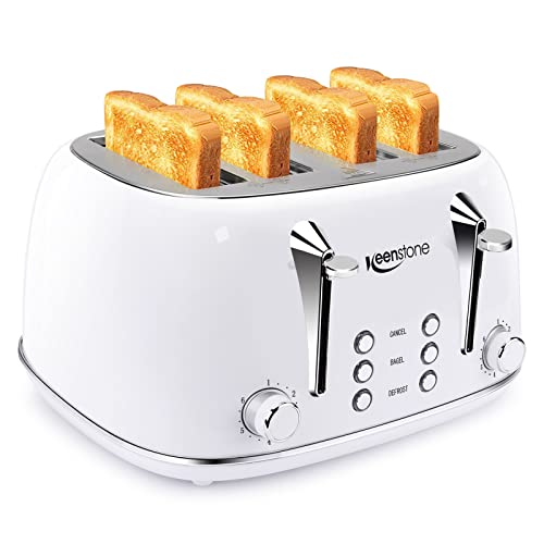 Toaster 4 Slice Stainless Steel Toaster with Bagel, Cancel, Defrost Function, Keenstone 4 Slice Toaster with Removable Crumb Tray, 4 Extra Wide Slots, 6 Shade Settings, White