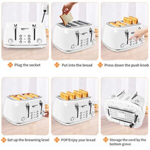 Toaster 4 Slice Stainless Steel Toaster with Bagel, Cancel, Defrost Function, Keenstone 4 Slice Toaster with Removable Crumb Tray, 4 Extra Wide Slots, 6 Shade Settings, White