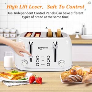 Toaster 4 Slice Stainless Steel Toaster with Bagel, Cancel, Defrost Function, Keenstone 4 Slice Toaster with Removable Crumb Tray, 4 Extra Wide Slots, 6 Shade Settings, White