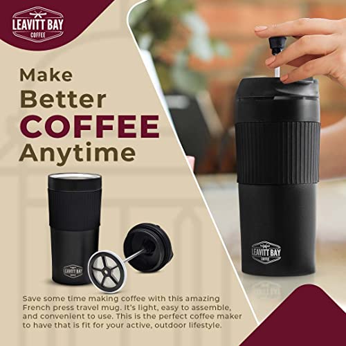 Portable French Press Travel Mug – Double Wall Travel French Press Mug – Home, Office, or Camping French Press Coffee Maker – 15 oz Portable Coffee Maker for Travel – No Leak Coffee or Tea Press