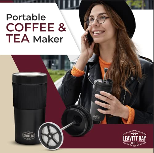 Portable French Press Travel Mug – Double Wall Travel French Press Mug – Home, Office, or Camping French Press Coffee Maker – 15 oz Portable Coffee Maker for Travel – No Leak Coffee or Tea Press