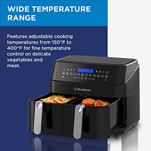 Westinghouse Dual Zone Air Fryer - Double Air Fryer Handcrafted with 2 Independent Baskets, Separate Heater and Control, 12 Preset Programs, and Adjustable Temperatures