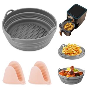 air fryer silicone liners reusable, 7.5in air fryer silicone pot, foldable silicone air fryer basket with silicone oven mitts for air fryer, oven, microwave, etc.（gray）