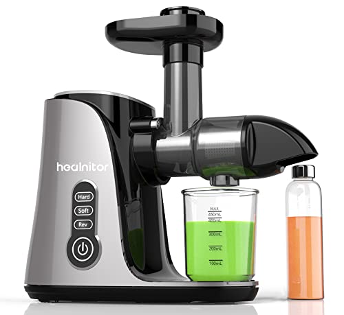 Touch LED Display Masticating Juicer Machines Vegetable and Fruit, Healnitor Cold Press Slow Juice Extractor Machines with Triple Mode, Easy to Clean Brush & Quiet Motor, 500ML Travel Bottle, Grey