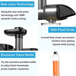 Touch LED Display Masticating Juicer Machines Vegetable and Fruit, Healnitor Cold Press Slow Juice Extractor Machines with Triple Mode, Easy to Clean Brush & Quiet Motor, 500ML Travel Bottle, Grey