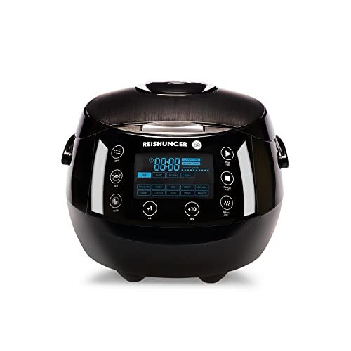 Reishunger Digital Rice Cooker and Steamer, Black, Timer - 8 Cups - Premium Inner Pot, Multi Cooker with 12 Programs & 7-Phase Technology for Brown Rice, Soups, Grains, Oatmeal & more - 1-8 People