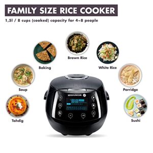 Reishunger Digital Rice Cooker and Steamer, Black, Timer - 8 Cups - Premium Inner Pot, Multi Cooker with 12 Programs & 7-Phase Technology for Brown Rice, Soups, Grains, Oatmeal & more - 1-8 People