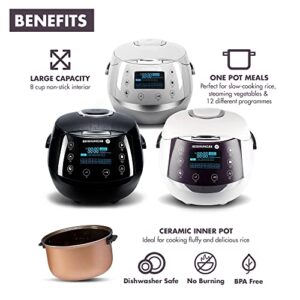 Reishunger Digital Rice Cooker and Steamer, Black, Timer - 8 Cups - Premium Inner Pot, Multi Cooker with 12 Programs & 7-Phase Technology for Brown Rice, Soups, Grains, Oatmeal & more - 1-8 People