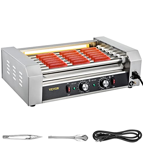 VEVOR Hot Dog Roller, 18 Hot Dog Capacity 7 Rollers, 1050W Stainless Steel Cook Warmer Machine with Dual Temp Control, LED Light and Detachable Drip Tray, Sausage Grill Cooker for Kitchen Restaurant