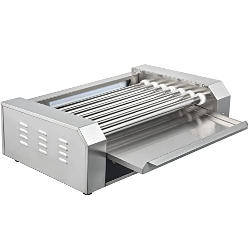 VEVOR Hot Dog Roller, 18 Hot Dog Capacity 7 Rollers, 1050W Stainless Steel Cook Warmer Machine with Dual Temp Control, LED Light and Detachable Drip Tray, Sausage Grill Cooker for Kitchen Restaurant