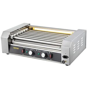 VEVOR Hot Dog Roller, 18 Hot Dog Capacity 7 Rollers, 1050W Stainless Steel Cook Warmer Machine with Dual Temp Control, LED Light and Detachable Drip Tray, Sausage Grill Cooker for Kitchen Restaurant