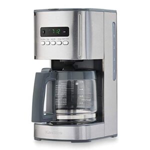 kenmore aroma control programmable 12-cup coffee maker, stainless steel with glass carafe, lcd display, reusable cone filter, and charcoal water filter
