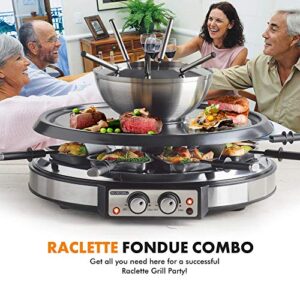 GIVENEU Electric Fondue Pot Sets with Barbecue Grill, 600ml Fondue Pot with 8 Forks and Electric Raclette Barbecue Grill, Dual Adjustable Thermostats, Perfect Fondue Grill Combo for Family Fun