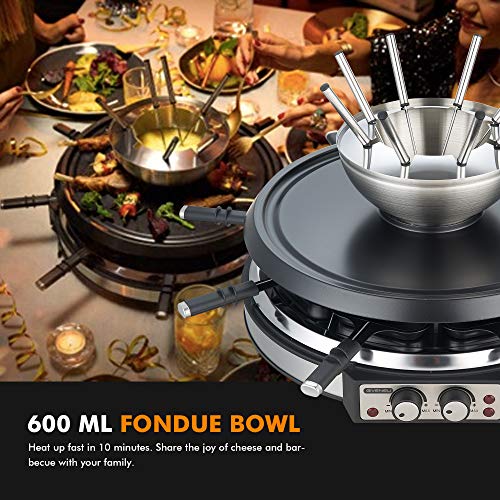 GIVENEU Electric Fondue Pot Sets with Barbecue Grill, 600ml Fondue Pot with 8 Forks and Electric Raclette Barbecue Grill, Dual Adjustable Thermostats, Perfect Fondue Grill Combo for Family Fun