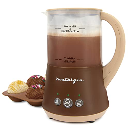 Nostalgia 32 Oz Frother and Hot Chocolate Maker, Warm or Cold Milk Foam, Includes Cocoa Bomb Mold, for Coffees, Lattes, Cappuccinos, Brown