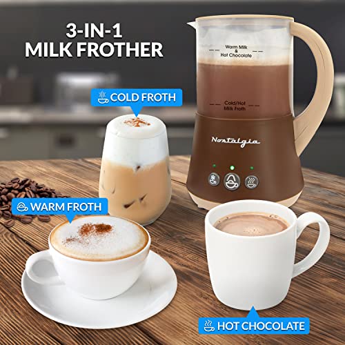 Nostalgia 32 Oz Frother and Hot Chocolate Maker, Warm or Cold Milk Foam, Includes Cocoa Bomb Mold, for Coffees, Lattes, Cappuccinos, Brown