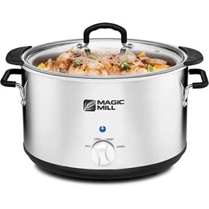 magic mill extra-large 10 quart slow cooker with metal searing pot & transparent tempered glass lid multipurpose lightweight slow cookers, pot is safe to put the on the flame, dishwasher safe