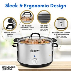 Magic Mill Extra-Large 10 Quart Slow Cooker With Metal Searing Pot & Transparent Tempered Glass Lid Multipurpose Lightweight Slow Cookers, Pot is Safe to Put the On the Flame, Dishwasher Safe