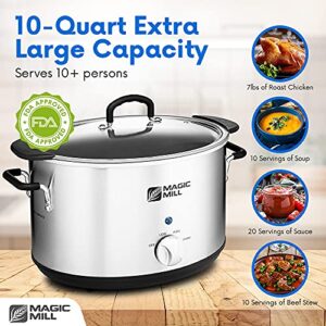 Magic Mill Extra-Large 10 Quart Slow Cooker With Metal Searing Pot & Transparent Tempered Glass Lid Multipurpose Lightweight Slow Cookers, Pot is Safe to Put the On the Flame, Dishwasher Safe