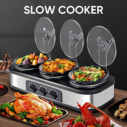 RoyalCraft Triple Slow Cooker - Effortlessly Cook and Serve Multiple Meals at Once, 3 Nylon Spoons , Adjustable Temp, Entrees, Sauces, Stews & Dips, Dishwasher Safe Glass Lid & Crock Ceramic Pot, 1.5 Quart 3 Crock Cooker Pot, Stainless Steel