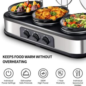 RoyalCraft Triple Slow Cooker - Effortlessly Cook and Serve Multiple Meals at Once, 3 Nylon Spoons , Adjustable Temp, Entrees, Sauces, Stews & Dips, Dishwasher Safe Glass Lid & Crock Ceramic Pot, 1.5 Quart 3 Crock Cooker Pot, Stainless Steel