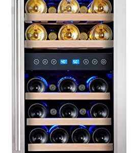Phiestina Dual Zone Wine Cooler Refrigerator, 33 Bottle Free Standing Compressor Fridge and Chiller for Red and White Wines, 16'' Glass Door Wine Refrigerator with Digital Memory Temperature Control