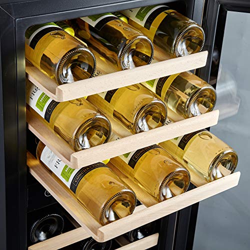 Phiestina Dual Zone Wine Cooler Refrigerator, 33 Bottle Free Standing Compressor Fridge and Chiller for Red and White Wines, 16'' Glass Door Wine Refrigerator with Digital Memory Temperature Control