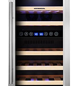 Phiestina Dual Zone Wine Cooler Refrigerator, 33 Bottle Free Standing Compressor Fridge and Chiller for Red and White Wines, 16'' Glass Door Wine Refrigerator with Digital Memory Temperature Control