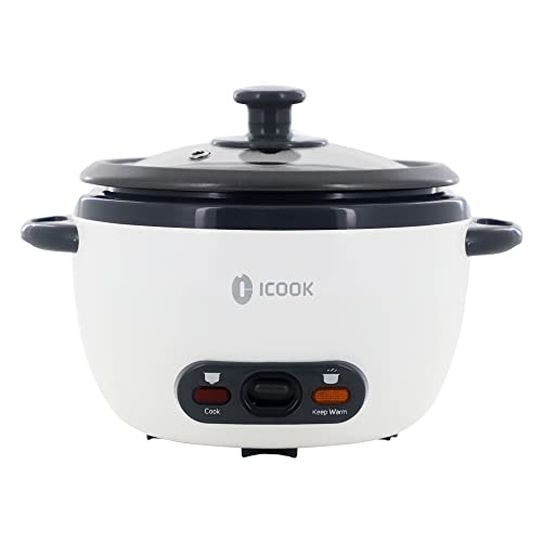 ICOOK 3-Cup Uncooked 6-Cup Cooked Rice Cooker 0.6L Grains,Oatmeal,Cereals Cooker,Rice Warmer Steamer,Small Mini Rice Cooker,Removable Nonstick Pot,Full View Glass Lid,White