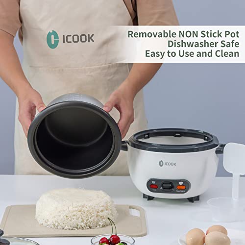 ICOOK 3-Cup Uncooked 6-Cup Cooked Rice Cooker 0.6L Grains,Oatmeal,Cereals Cooker,Rice Warmer Steamer,Small Mini Rice Cooker,Removable Nonstick Pot,Full View Glass Lid,White