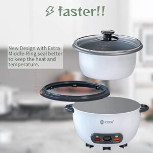 ICOOK 3-Cup Uncooked 6-Cup Cooked Rice Cooker 0.6L Grains,Oatmeal,Cereals Cooker,Rice Warmer Steamer,Small Mini Rice Cooker,Removable Nonstick Pot,Full View Glass Lid,White