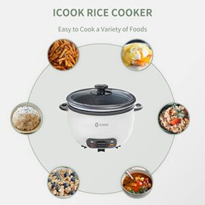 ICOOK 3-Cup Uncooked 6-Cup Cooked Rice Cooker 0.6L Grains,Oatmeal,Cereals Cooker,Rice Warmer Steamer,Small Mini Rice Cooker,Removable Nonstick Pot,Full View Glass Lid,White