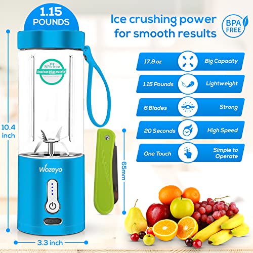 Wozeyo Portable Blender for Shakes and Smoothies (530ml) - Handheld Personal Mini Blender Smoothie Juicer Cup with 4000mAh Rechargeable Battery & Multipurpose Fruit Knife for Home & Office - Blue