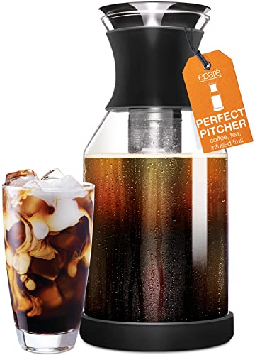 Cold Brew Coffee Maker & Glass Pitcher with Lid - 1.7 L Infused Iced Coffee Maker with Filter - Black Perfect Iced Tea Pitcher & Glass Water Pitcher by Eparé