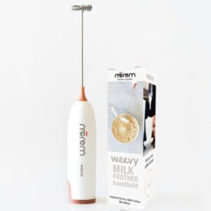 morem weevy – premium milk frother handheld for coffee, latte, matcha, protein shakes and more! easy-to-use hand mixer with stainless steel mini whisk – no stand needed for convenient use anywhere!