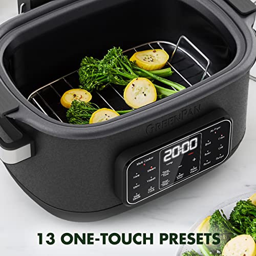 GreenPan Matte Black 13-in-1 Air Fryer Slow Cooker & Grill, Presets to Steam Saute Broil Bake and Cook Rice, Healthy Ceramic Nonstick and Dishwasher Safe Parts, Easy-to-use LED Display