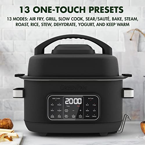 GreenPan Matte Black 13-in-1 Air Fryer Slow Cooker & Grill, Presets to Steam Saute Broil Bake and Cook Rice, Healthy Ceramic Nonstick and Dishwasher Safe Parts, Easy-to-use LED Display