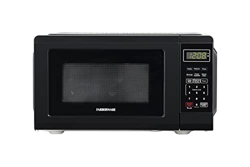 Farberware Compact Countertop Microwave Oven 0.7 Cu. Ft. 700-Watt with LED Lighting, Child Lock, Easy Clean Grey Interior, Retro Black