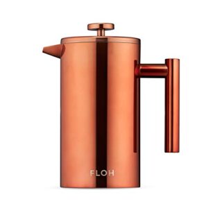 floh french press for coffee & tea in rose gold copper – 34 oz insulated stainless steel coffee maker