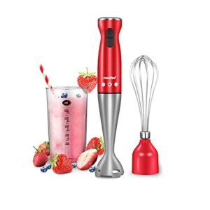 comfee’ immersion hand blender, brushed stainless steel, 2-speed, multipurpose stick blender with 200 watts, 600ml mixing beaker and whisk, perfect for baby food, smoothies, sauces and soups, red